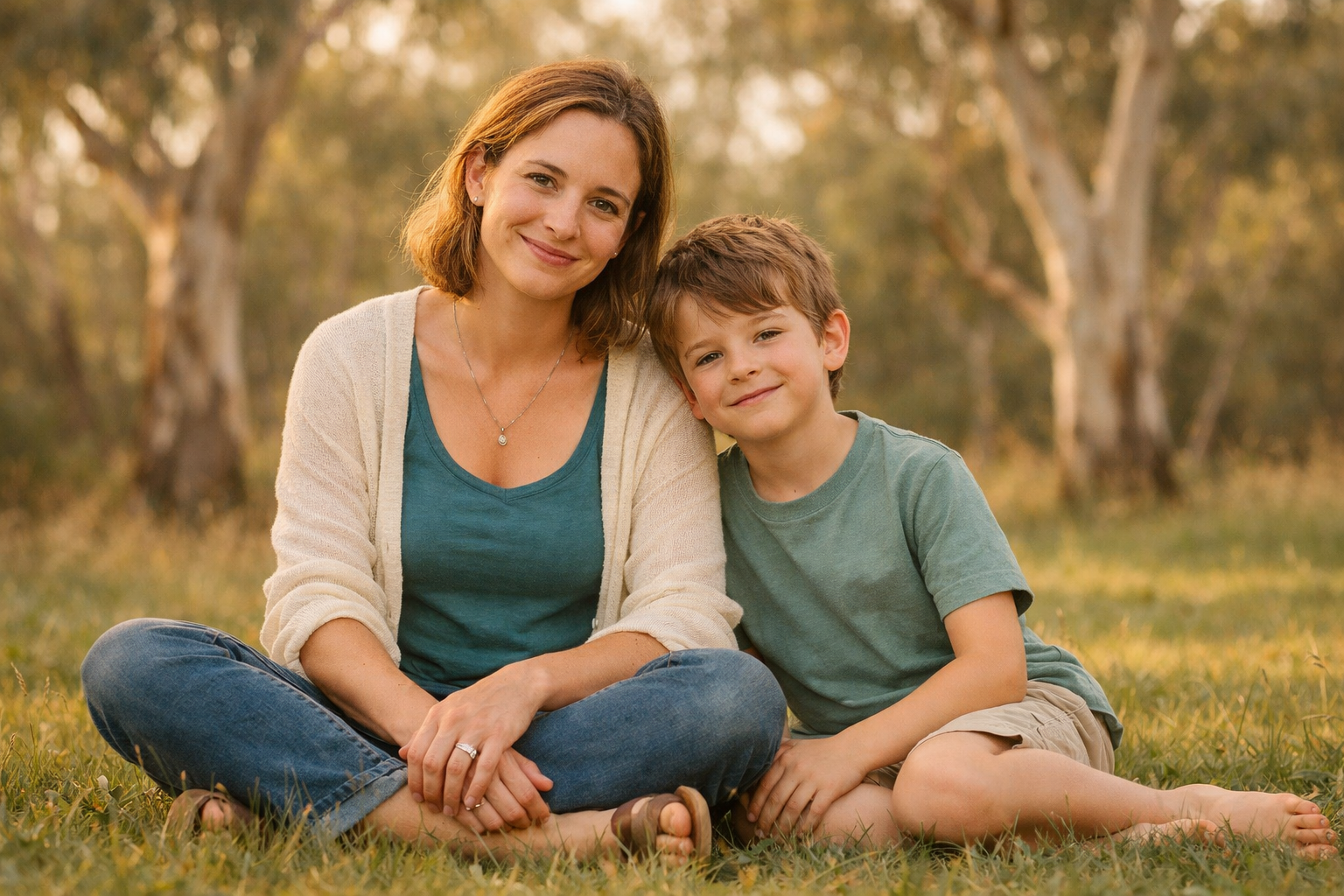 Australian parent and child in a warm, natural outdoor setting