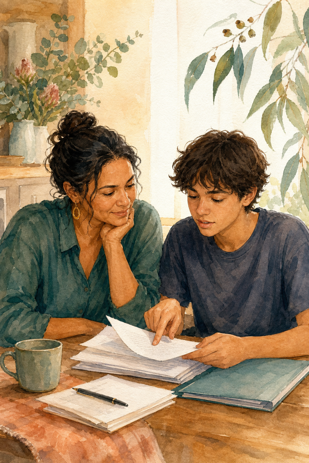 A parent and teenager working together at a kitchen table to organise NDIS evidence