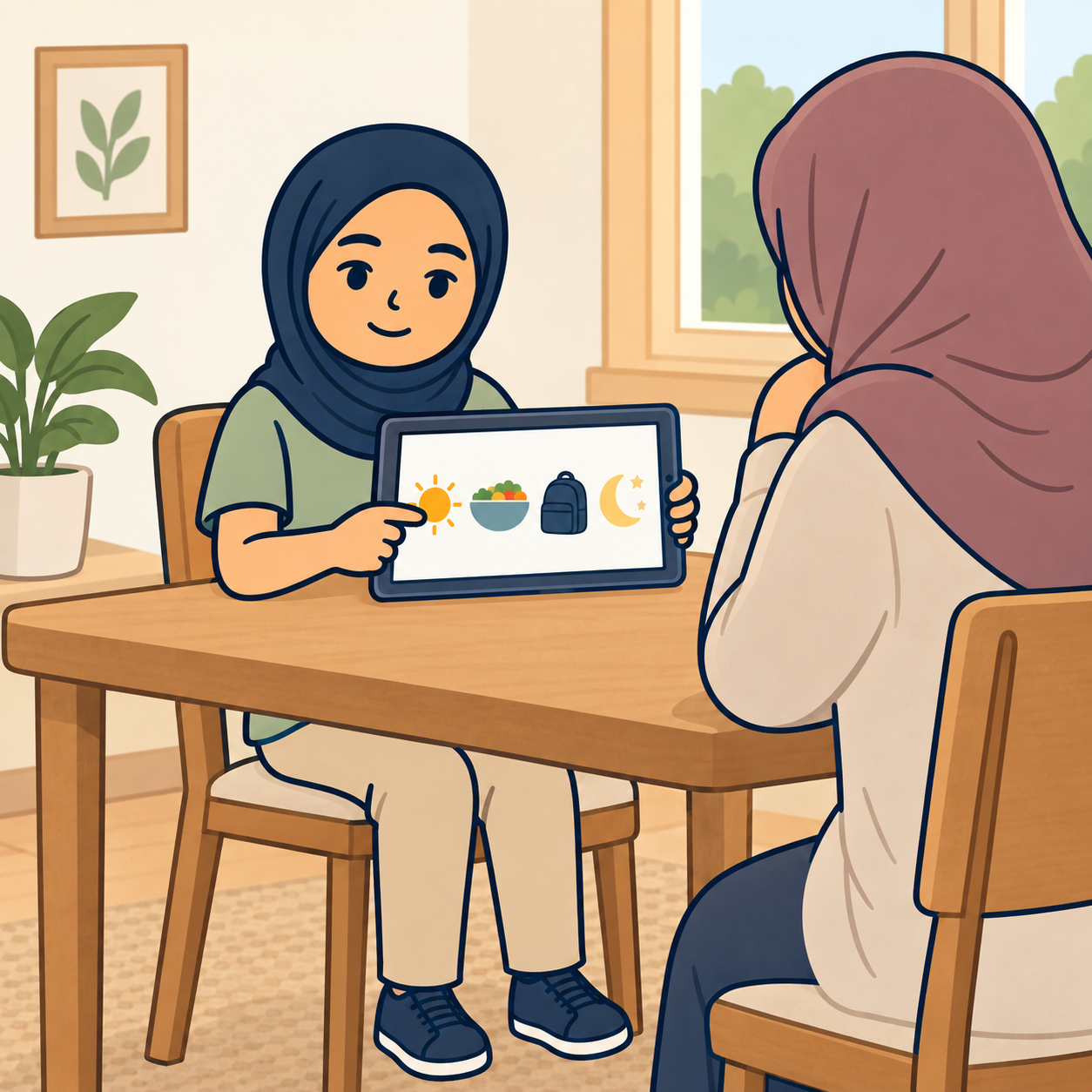 A calm illustrated scene from a Social Narrative story