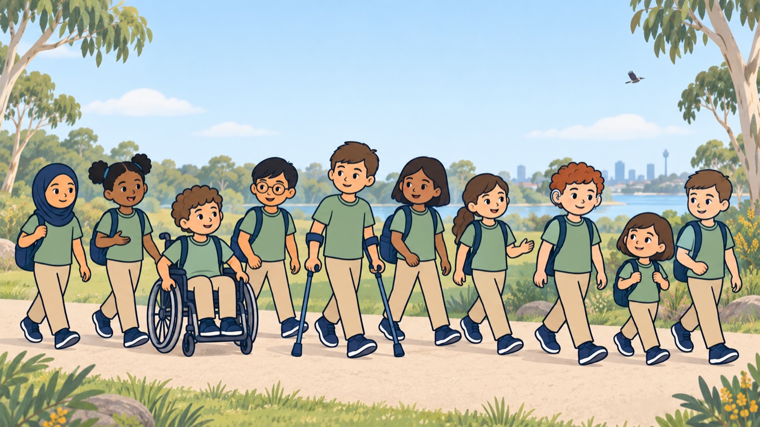 The cast of ten illustrated children from the Social Narratives, walking together along a park path