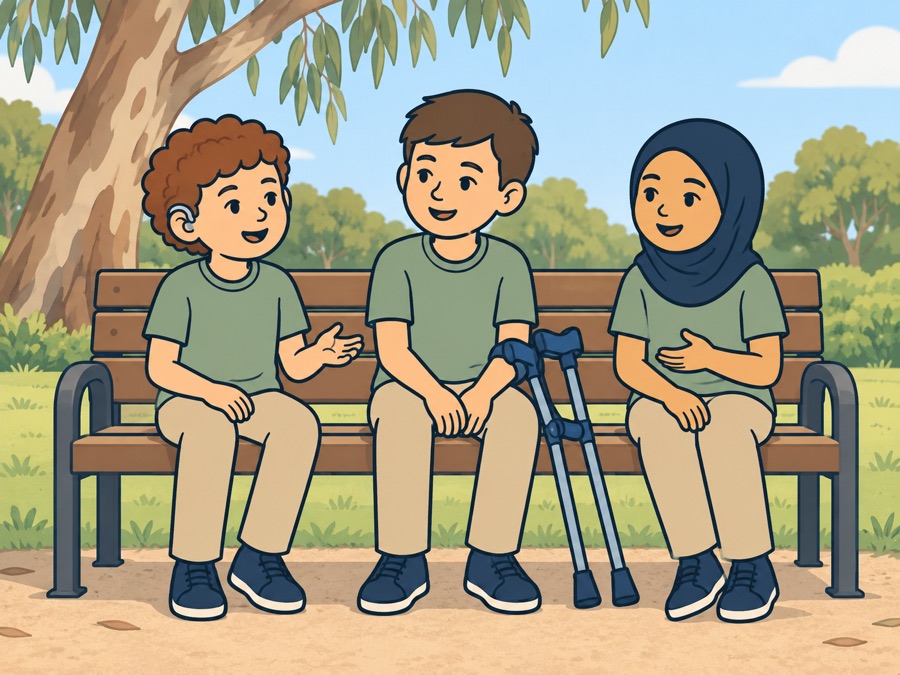 Three illustrated children sitting and talking together on a park bench