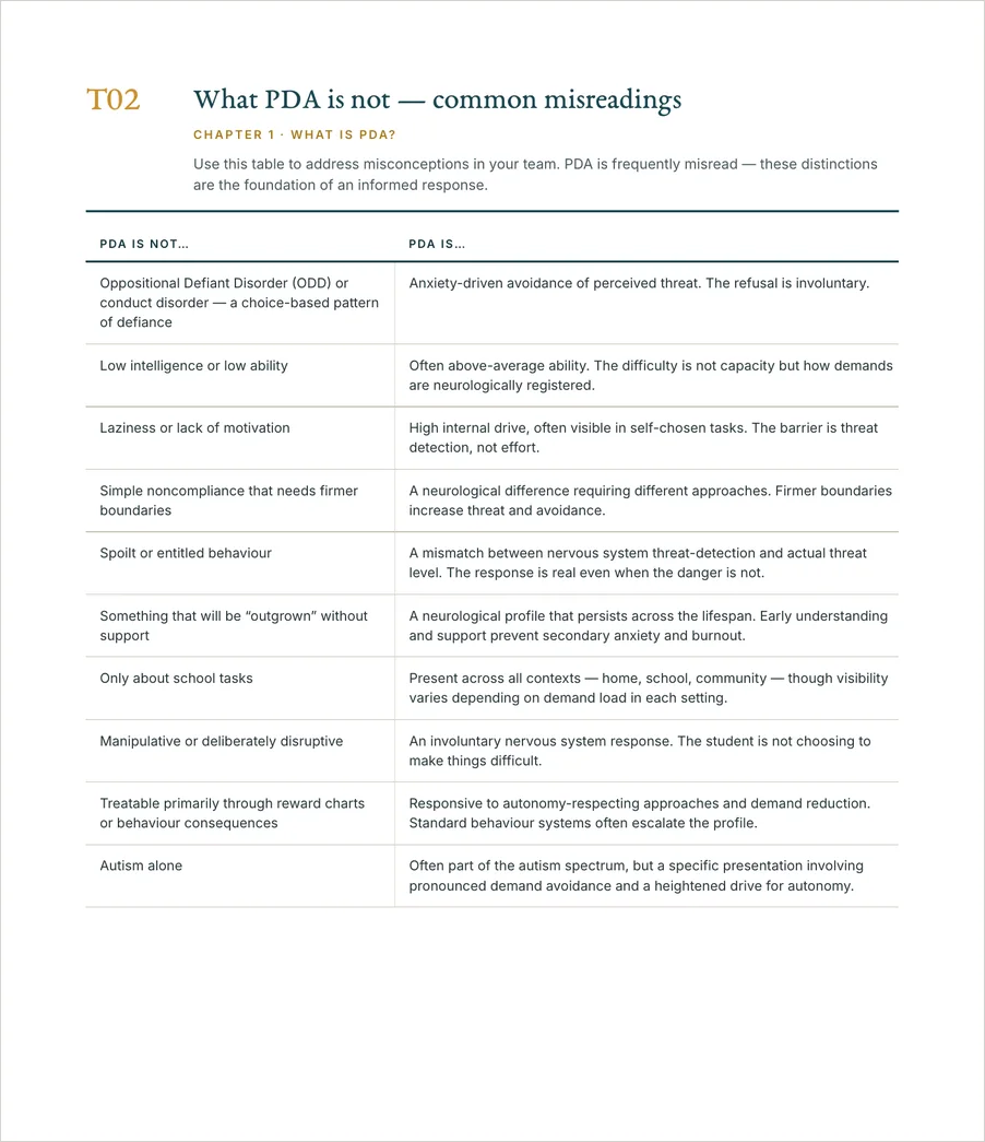Tool T02: a table of what PDA is not, beside what is actually happening
