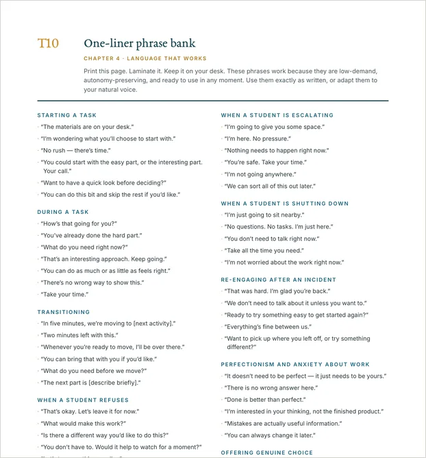 One-liner phrase bank — a page from The PDA Classroom Toolkit