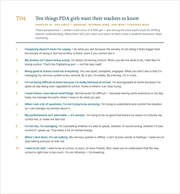 Ten things PDA girls want you to know — a page from The PDA Classroom Toolkit
